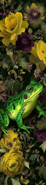 Free printable frog bookmark featuring bright green frog on dark floral theme